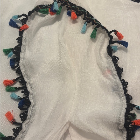 White Kaftan w/ Colorful Crochet Accents SZ L tassel outline swim coverup vacay - Picture 2 of 11